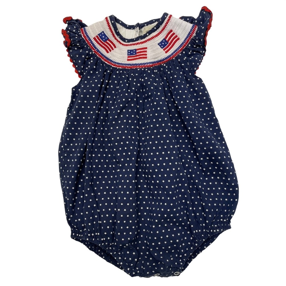 Lil Cactus Romper Blue Smocked American Flag Stars Baby Girl 18-24M Americana